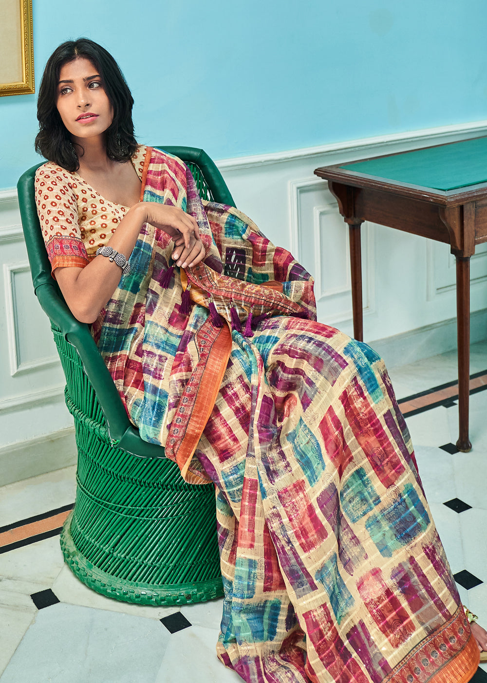 Buy MySilkLove Tan Cream Multicolor Printed Linen Saree Online