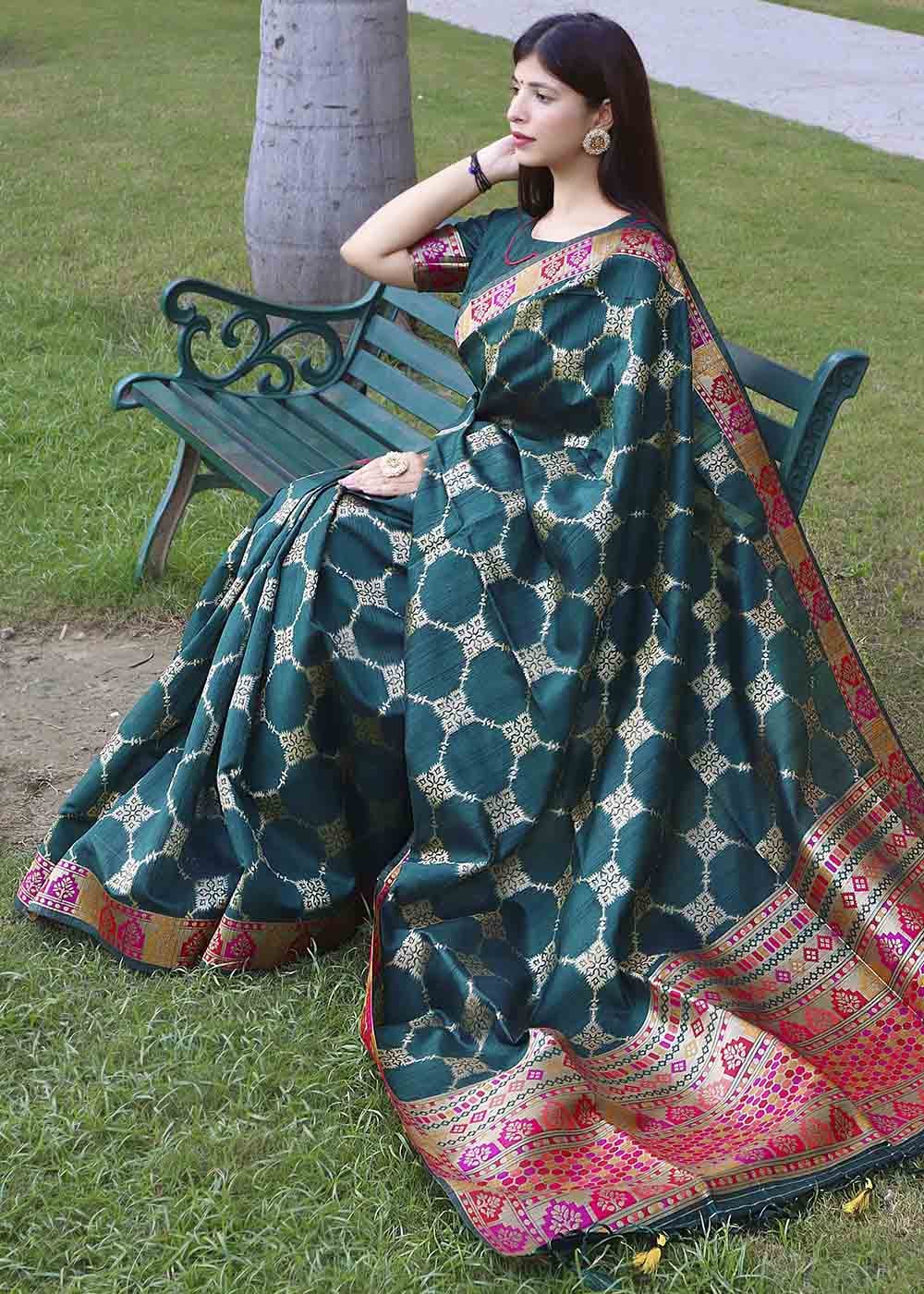 Buy MySilkLove Astronaut Green Zari Woven Tussar Silk Saree Online