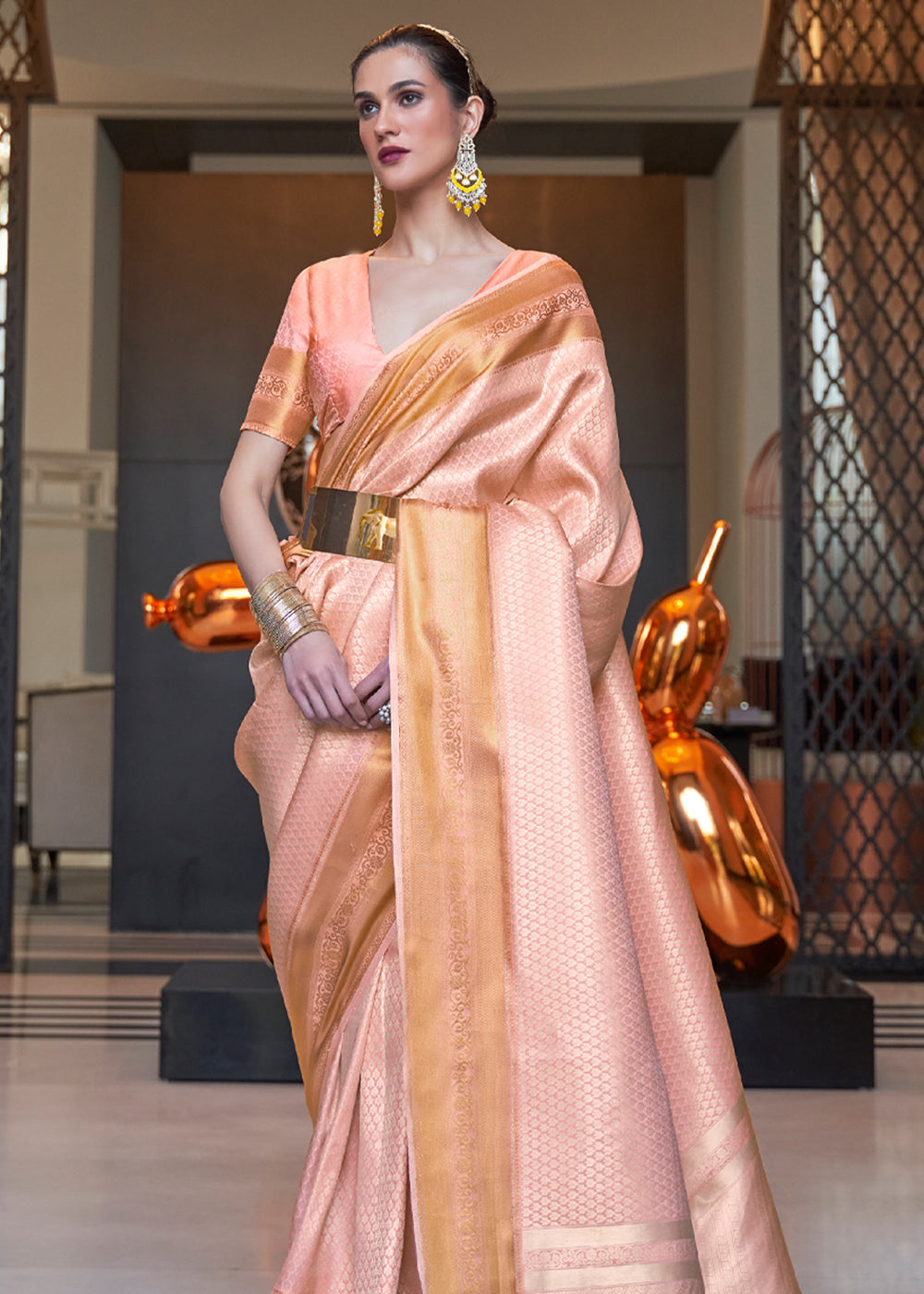 Buy MySilkLove Romantic Peach Woven Banarasi Silk Saree Online