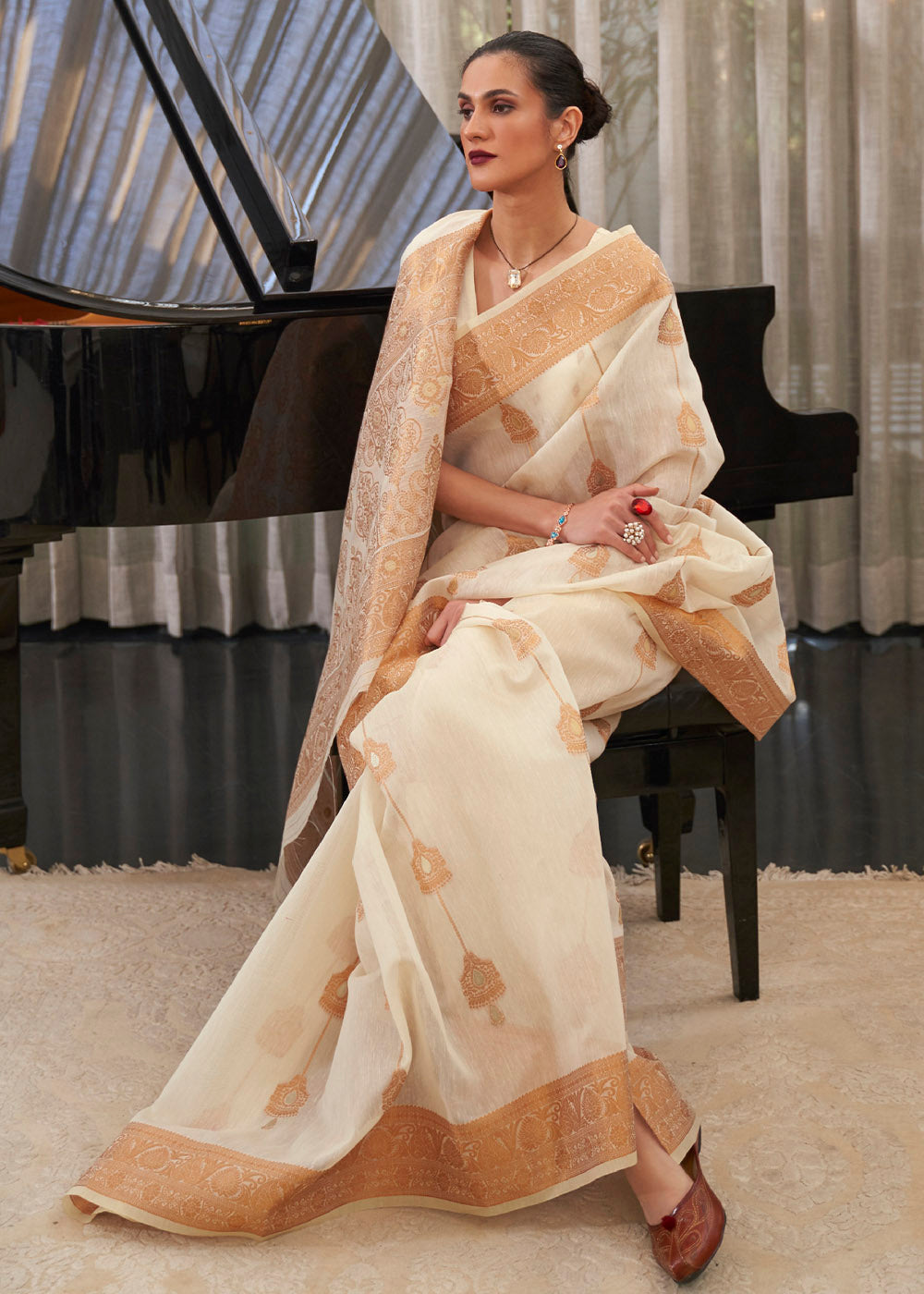 MySilkLove Apricot White Zari Woven Linen Saree