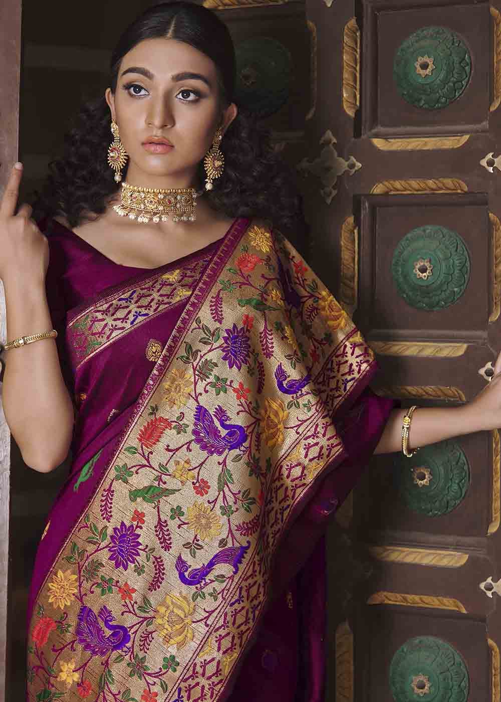 Buy MySilkLove Cosmic Purple Zari Woven Banarasi Paithani Saree Online