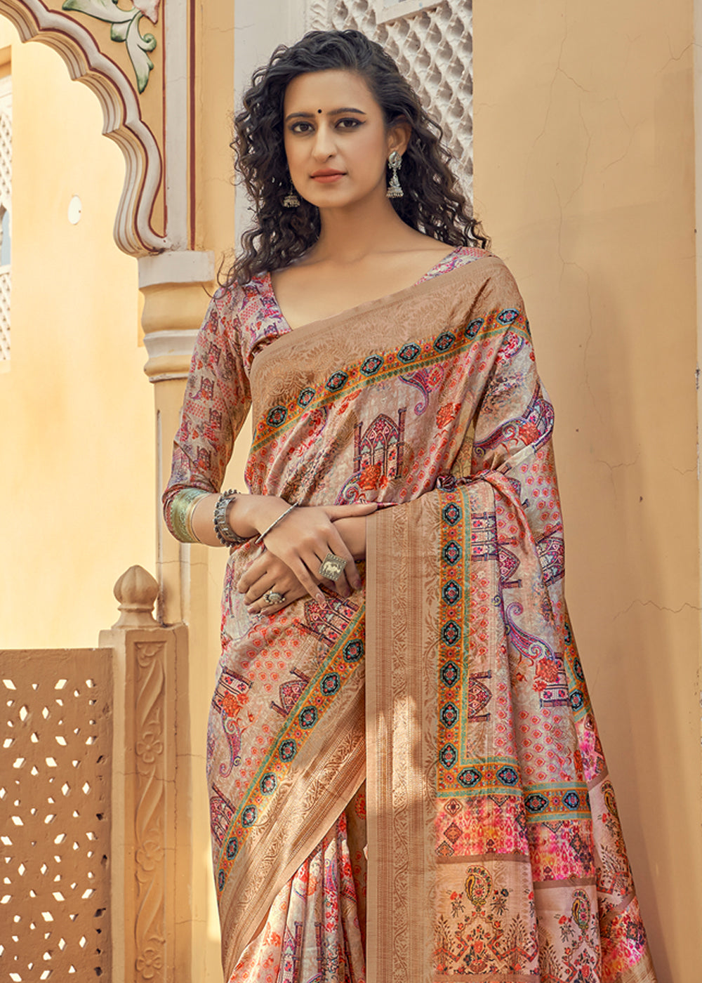 MySilkLove Brass Pink and Brown Digital Printed Jacquard Silk Saree