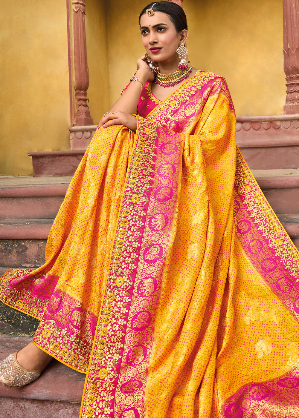 Buy MySilkLove Sea Yellow and Pink Embroidered Dola Silk Saree Online