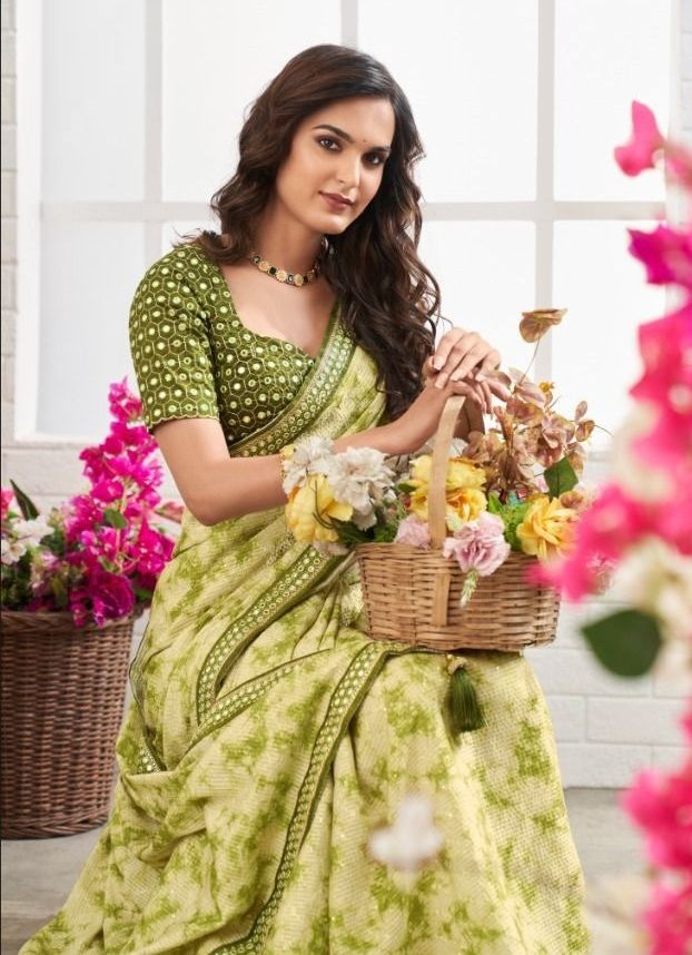 Buy MySilkLove Peridot Green Chinon Printed Saree Online