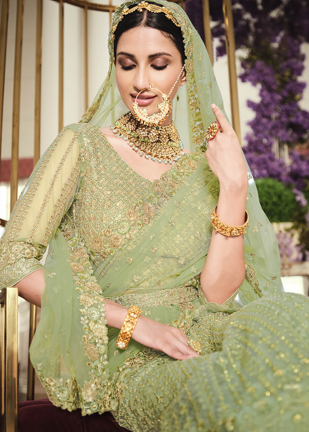 Buy MySilkLove Pine Glade Green Net Designer Lehenga With Heavy Embroidered Work Online