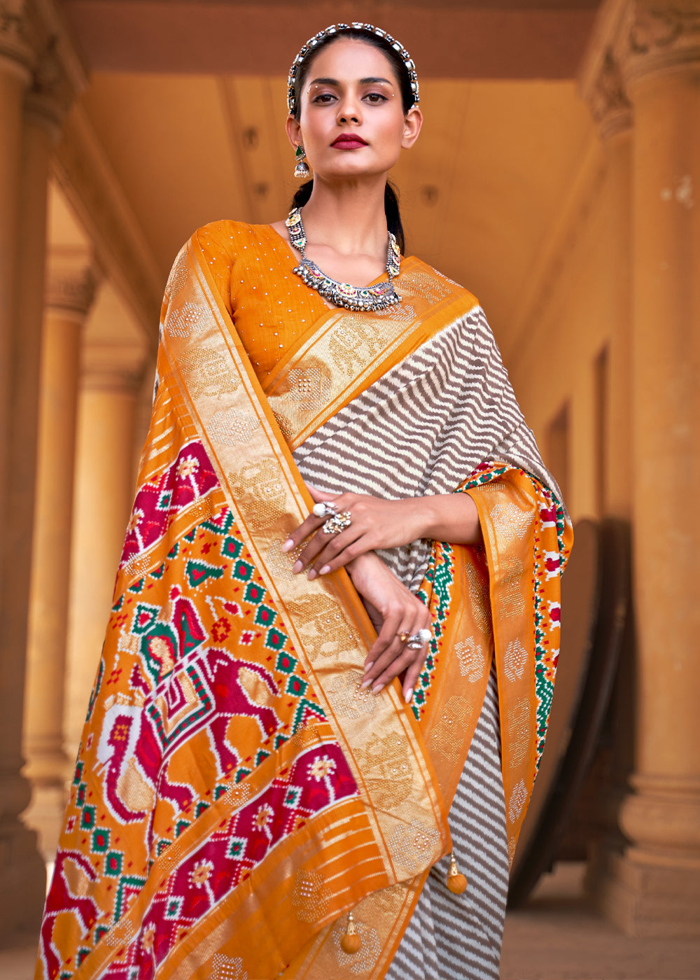 Buy MySilkLove Tango White and Orange Zari Woven Patola Saree Online