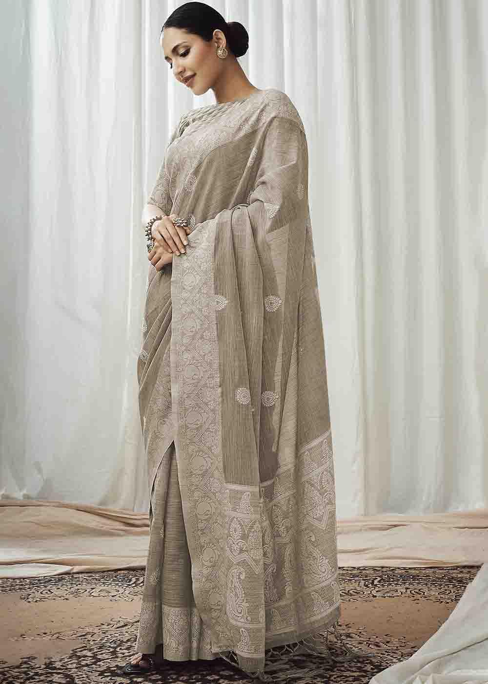 Buy MySilkLove Crocodile Grey Chikankari Linen Saree Online