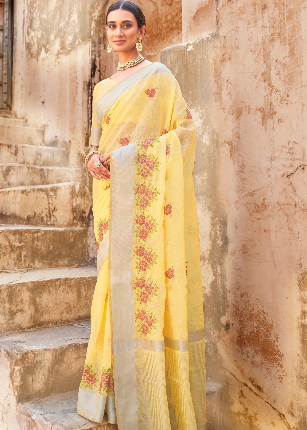 Buy MySilkLove Chalky Yellow Linen Saree Online