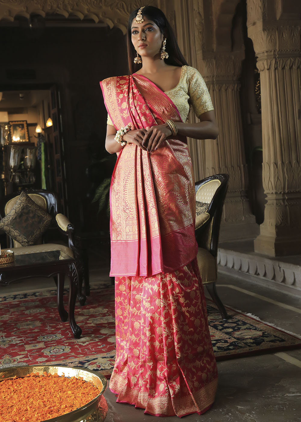 Buy MySilkLove Valencia Pink Katan Pure Silk Handwoven Kadwa Jaal Saree Online