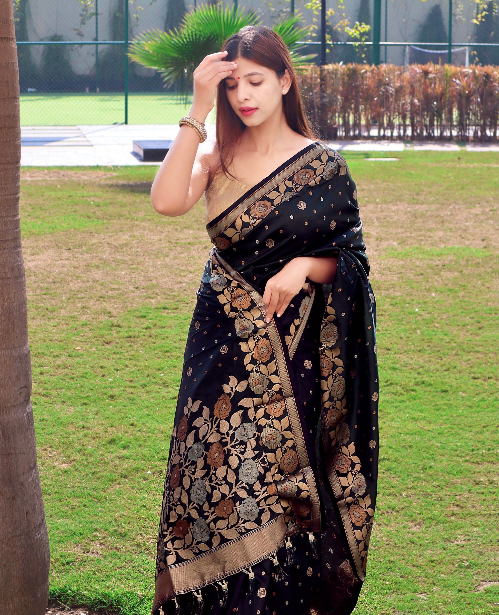 Buy MySilkLove Black Bean Soft Silk Saree with Floral Woven Border and Pallu Online