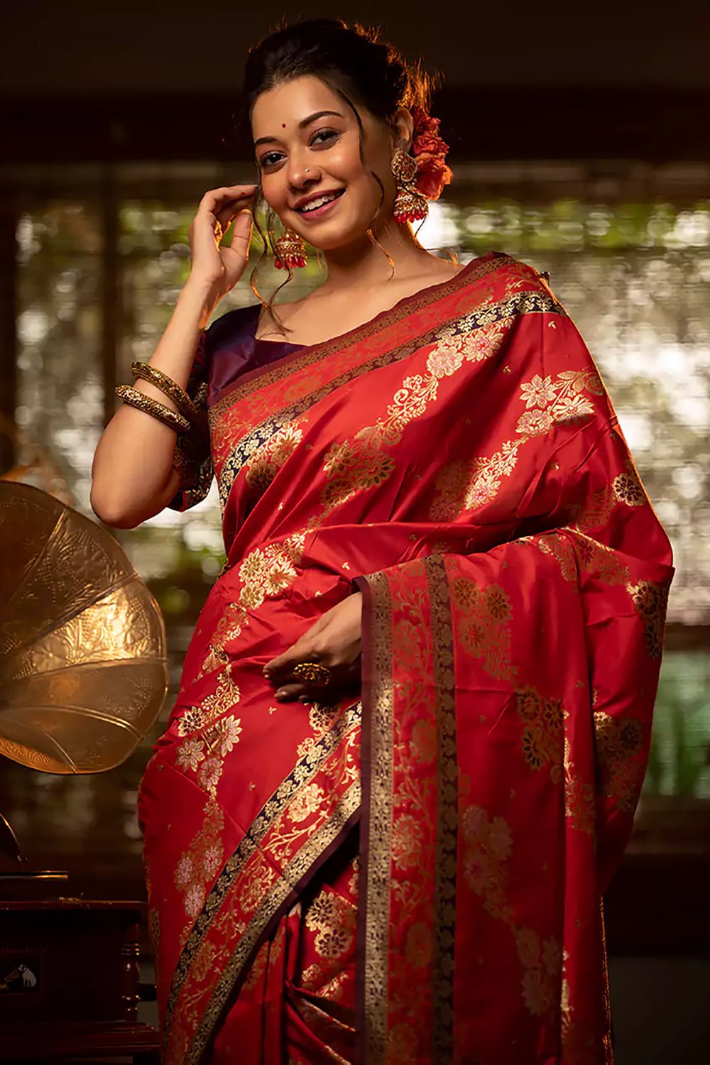 Tamarillo Red Woven Banarasi Silk Saree