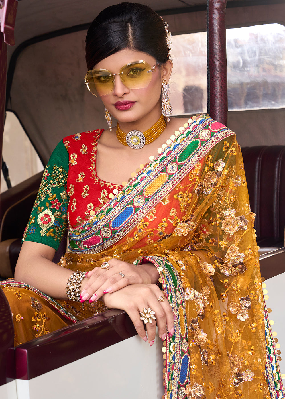 Buy MySilkLove Fire Bush Yellow and Red Designer Silk Saree Online