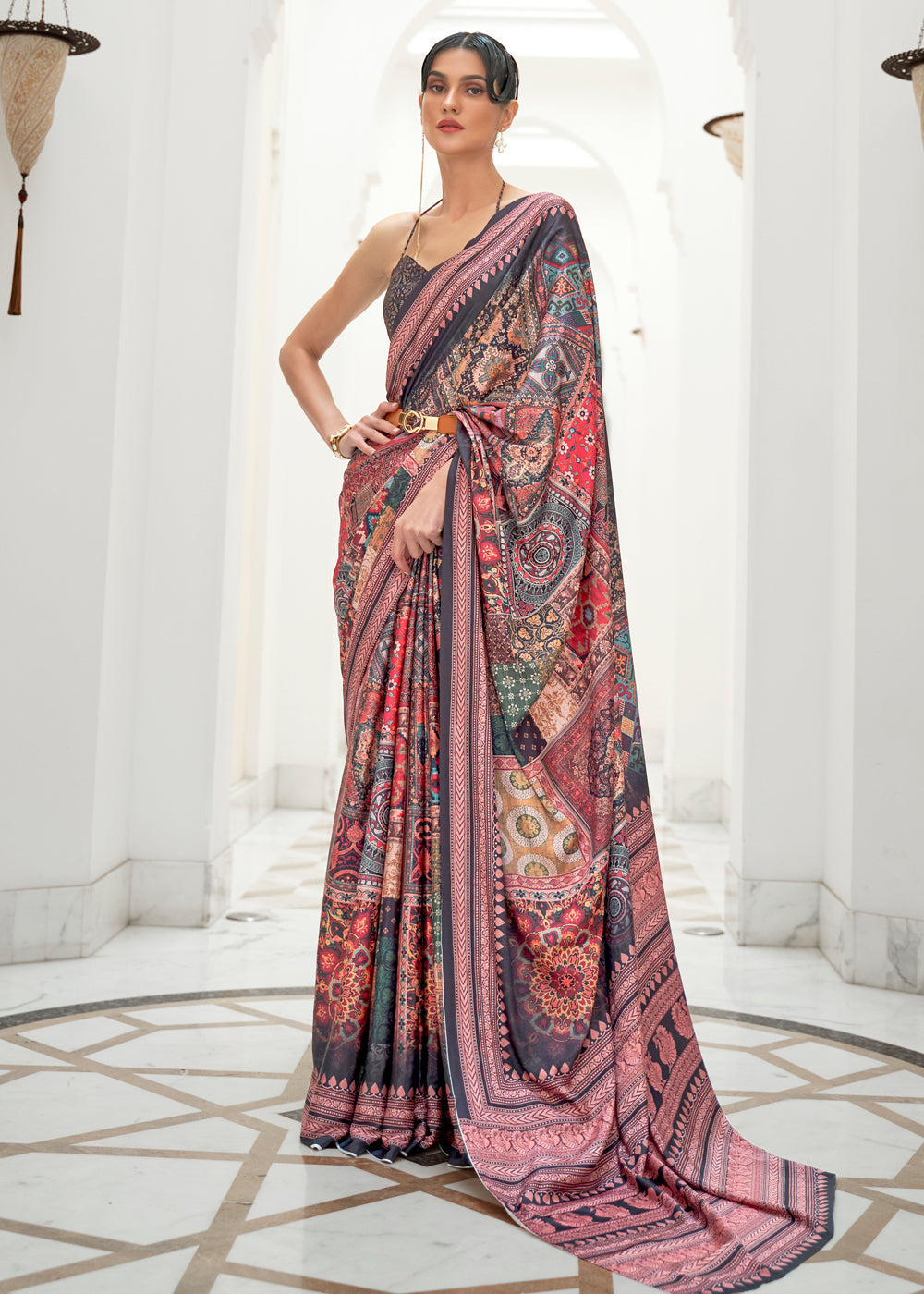 Buy MySilkLove Opium Purple and Dark Grey Kalamkari Printed Crepe Saree Online