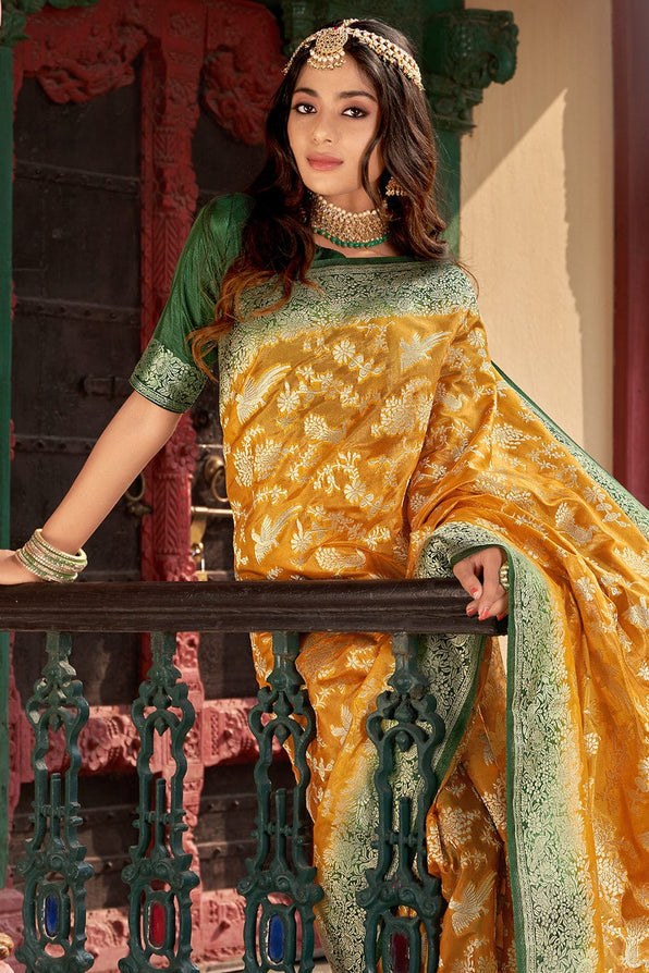 Buy MySilkLove Brandy Punch Yellow and Green Organza Saree Online