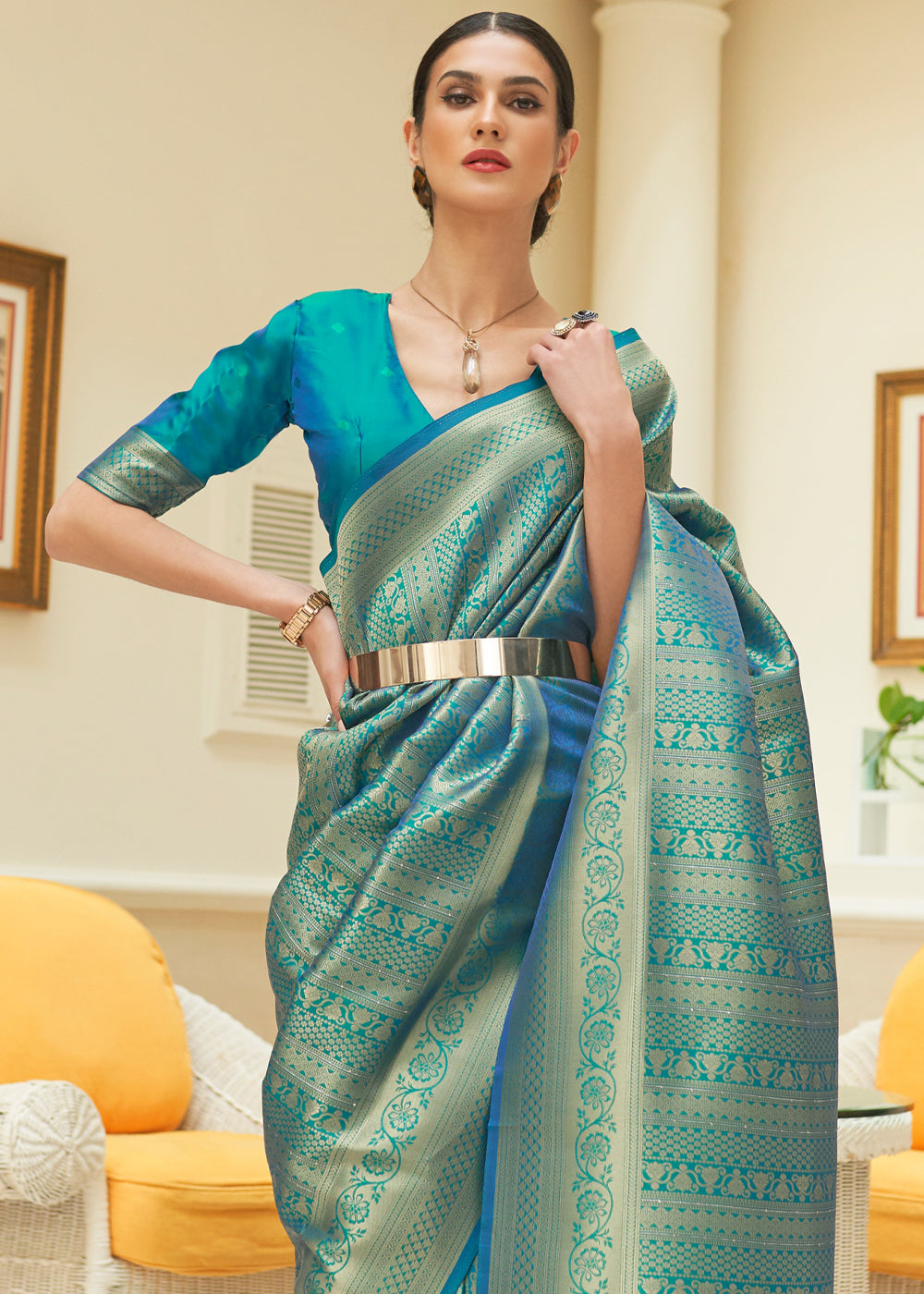 Buy MySilkLove Keppel Bluish Green Zari Woven Kanjivaram Saree Online