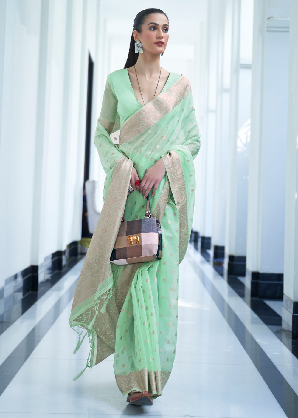 Buy MySilkLove Vista Green Zari Woven Banarasi Kora Silk Saree Online