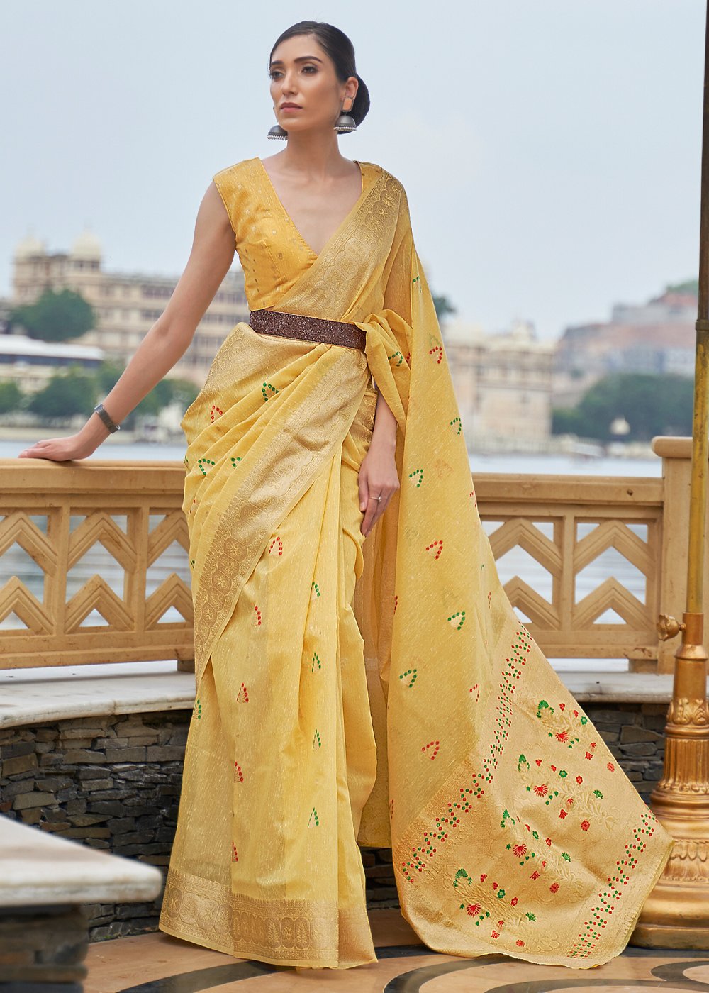 Buy MySilkLove Equator Yellow Zari Woven Banarasi Linen Saree Online