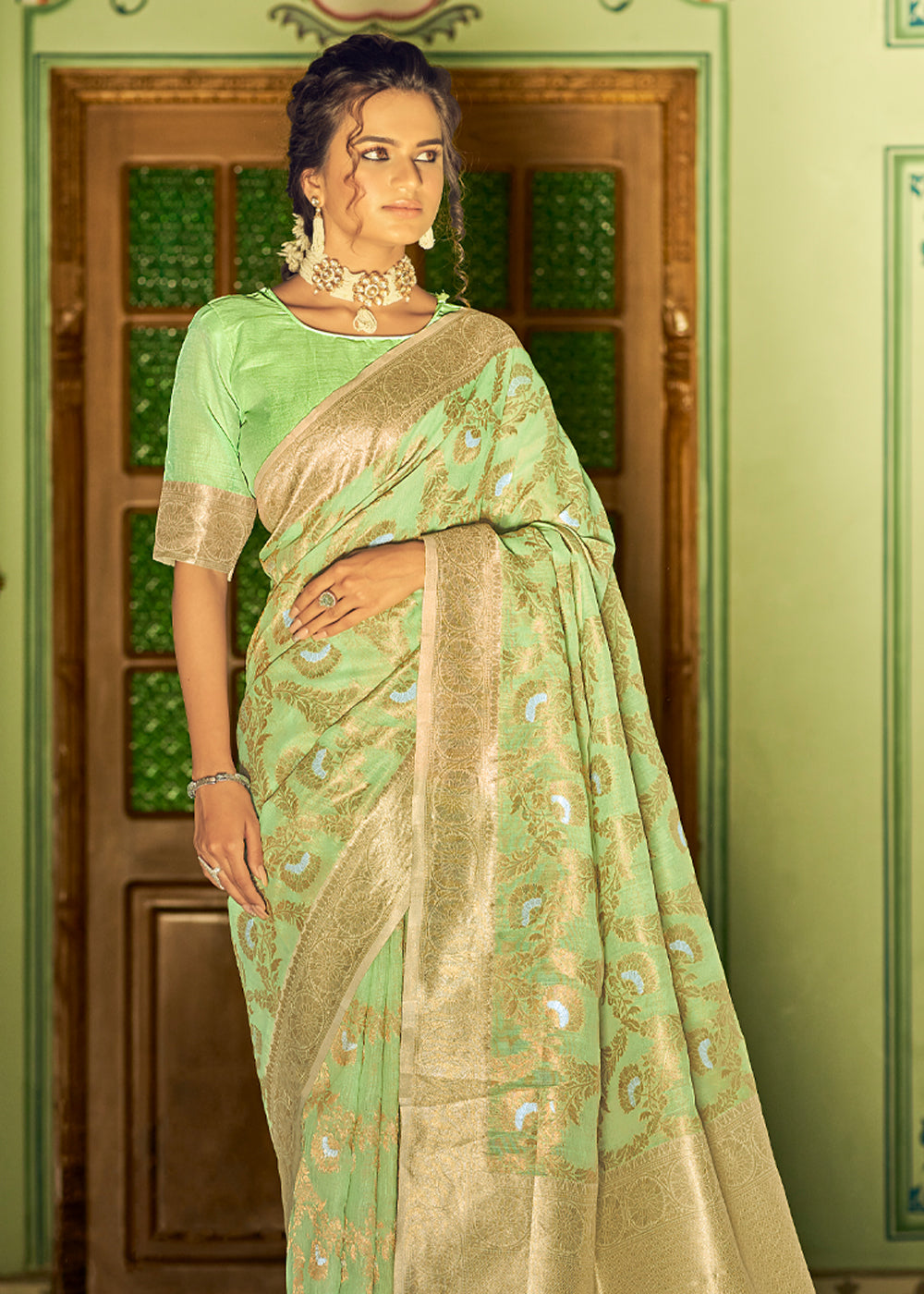 MySilkLove Gossip Green Zari Woven Banarasi Linen Saree