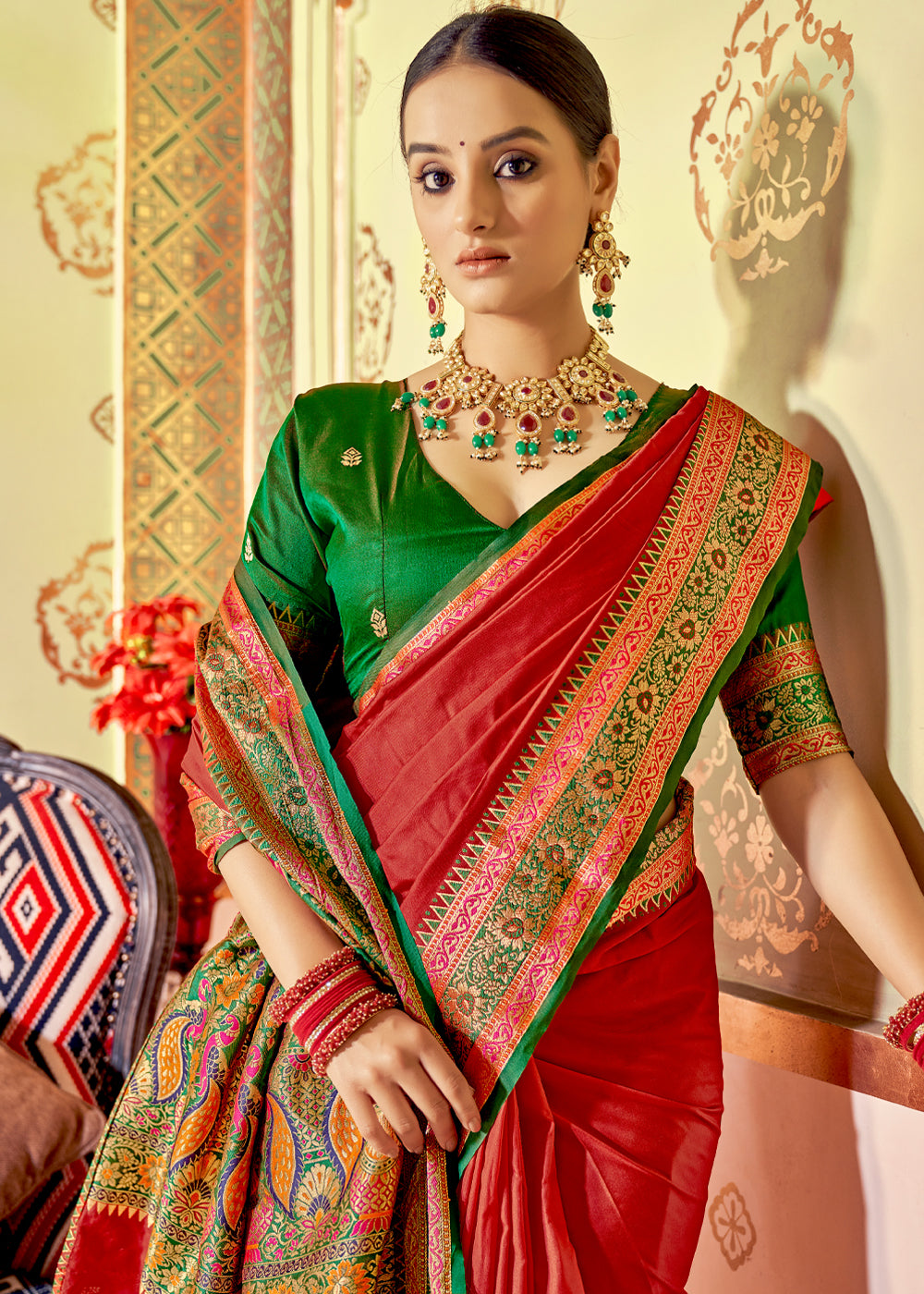 MySilkLove Valencia Red and Green Zari Woven Banarasi Soft Silk Saree