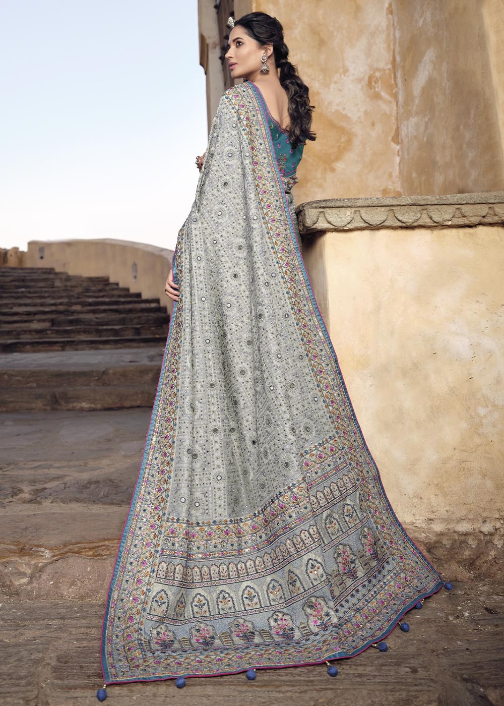 Buy MySilkLove Delta Grey Banarasi Saree with Kachhi,Mirror and Diamond Work Online