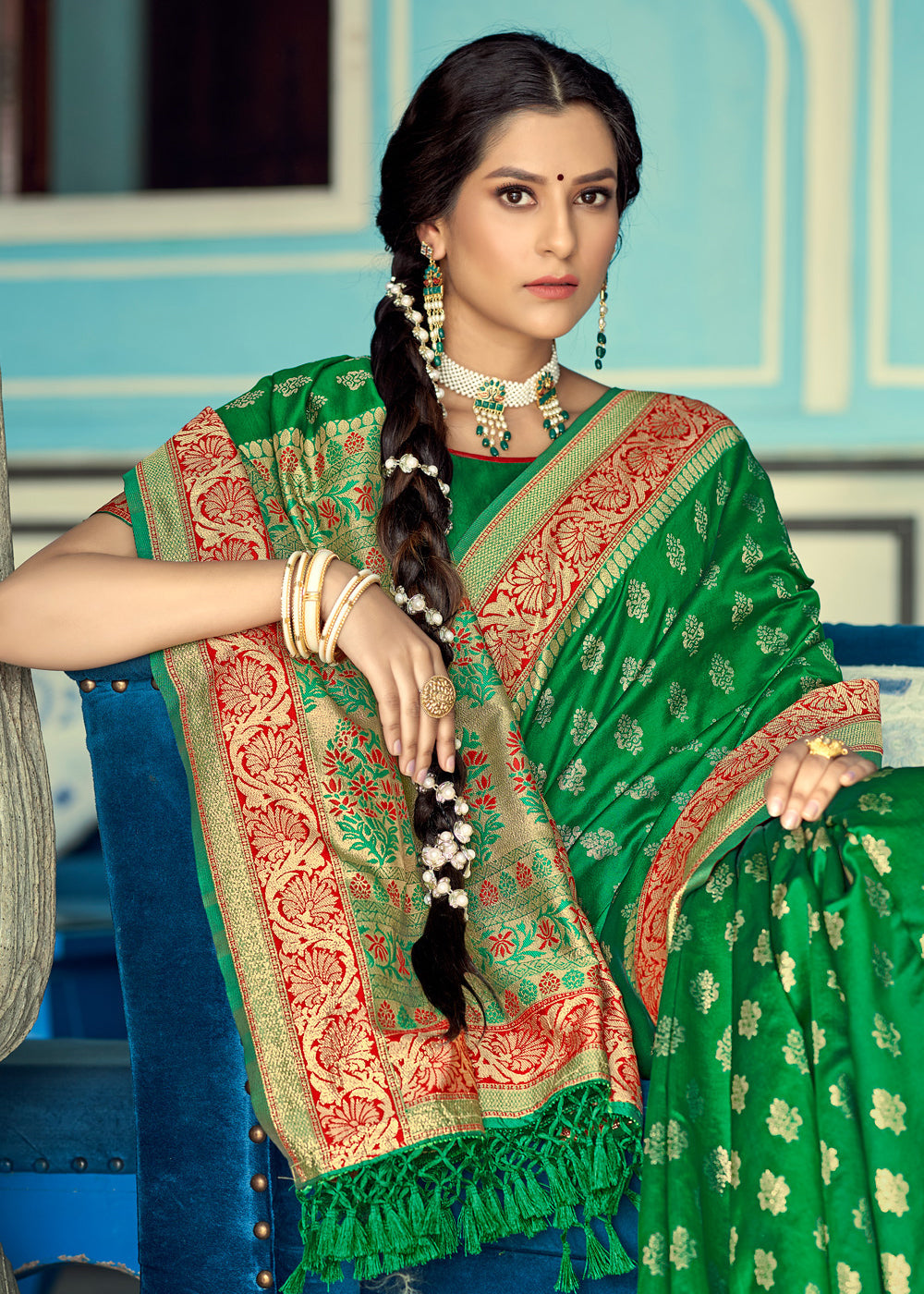 MySilkLove Fern Green and Red Zari Woven Banarasi Saree