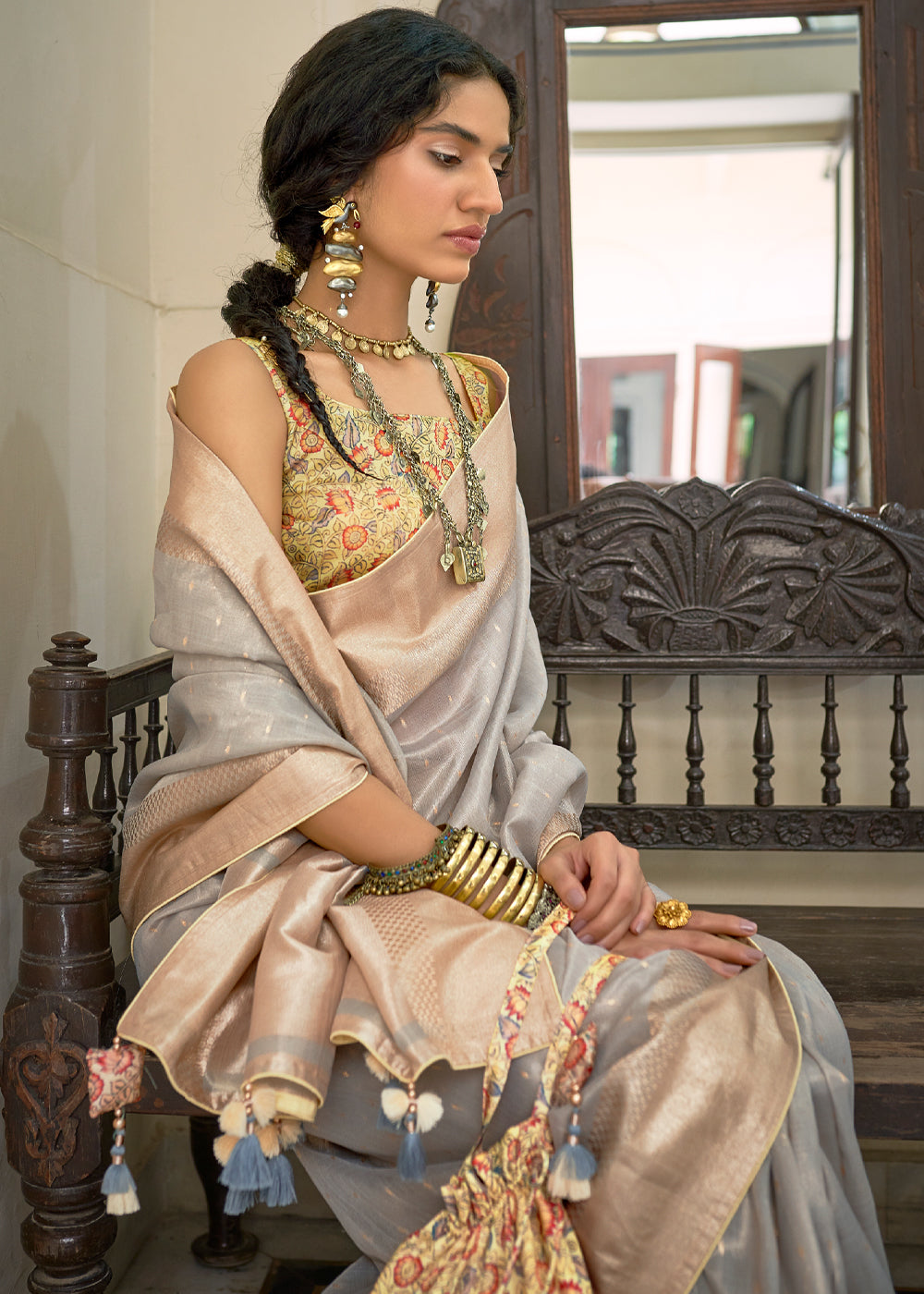 MySilkLove Nomad Grey Tissue Silk Saree with Designer Blouse