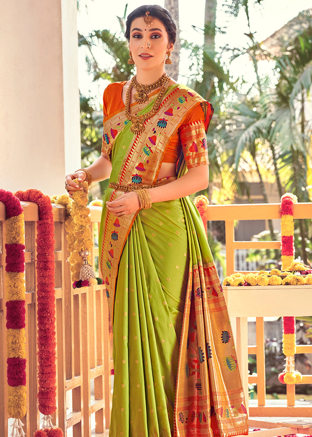 Buy MySilkLove Lemon Ginger Green Woven Paithani Silk Saree Online