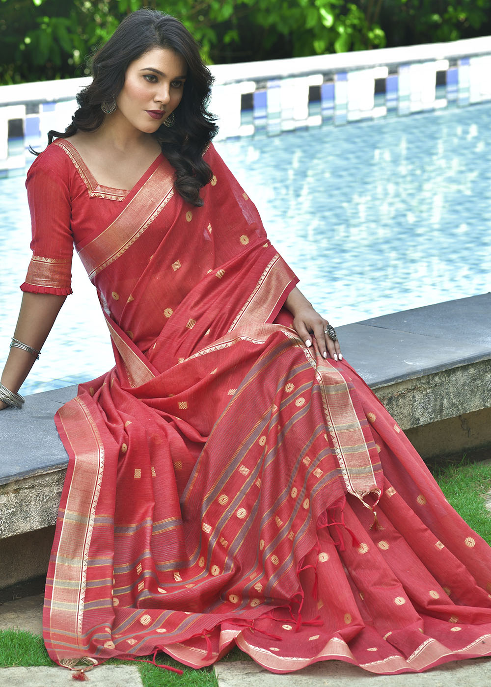 MySilkLove Sienna Red Zari Woven Cotton Saree