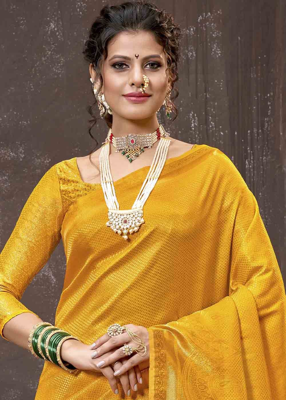 MySilkLove Saffron Yellow Zari Woven Tissue Kanjivaram Saree