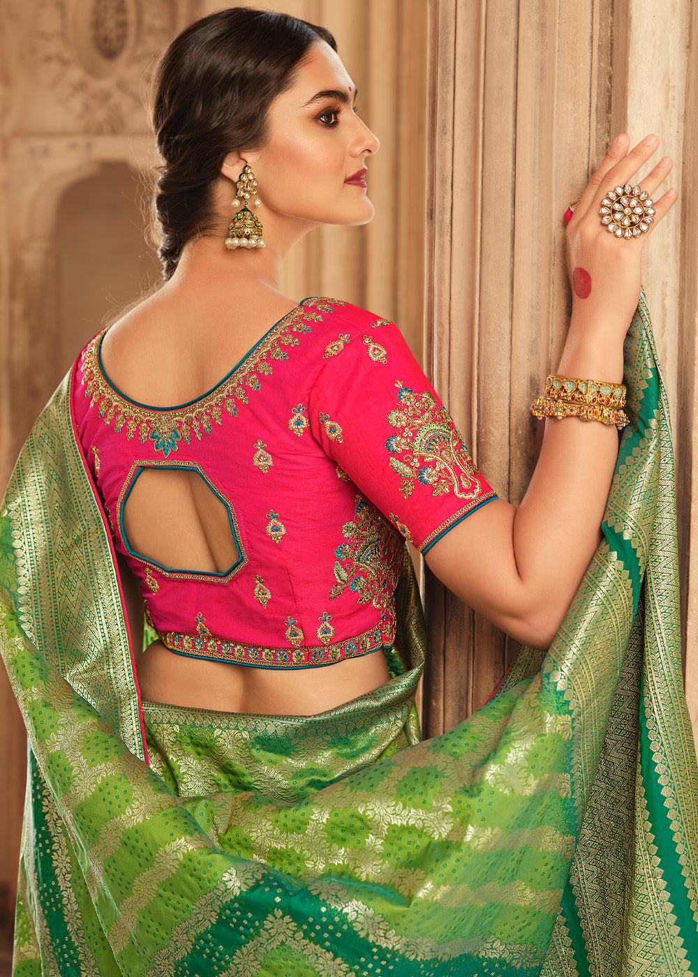 Buy MySilkLove Olive Green and Pink Zari Woven Banarasi Saree with Designer Blouse Online