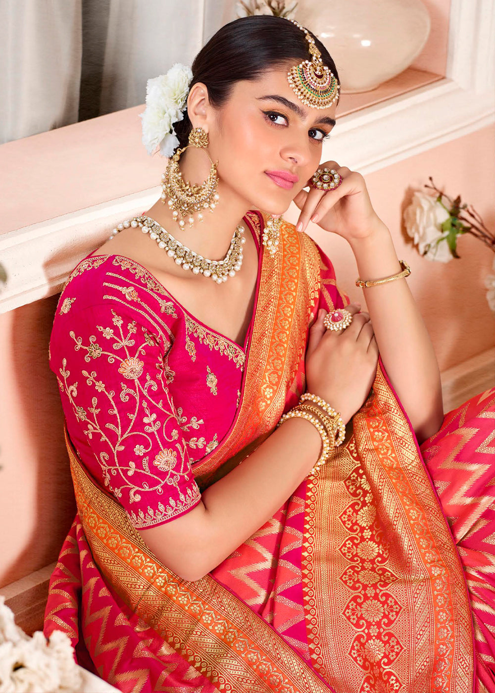 MySilkLove Bittersweet Pink and Orange Zari Woven Banarasi Saree with Designer Blouse