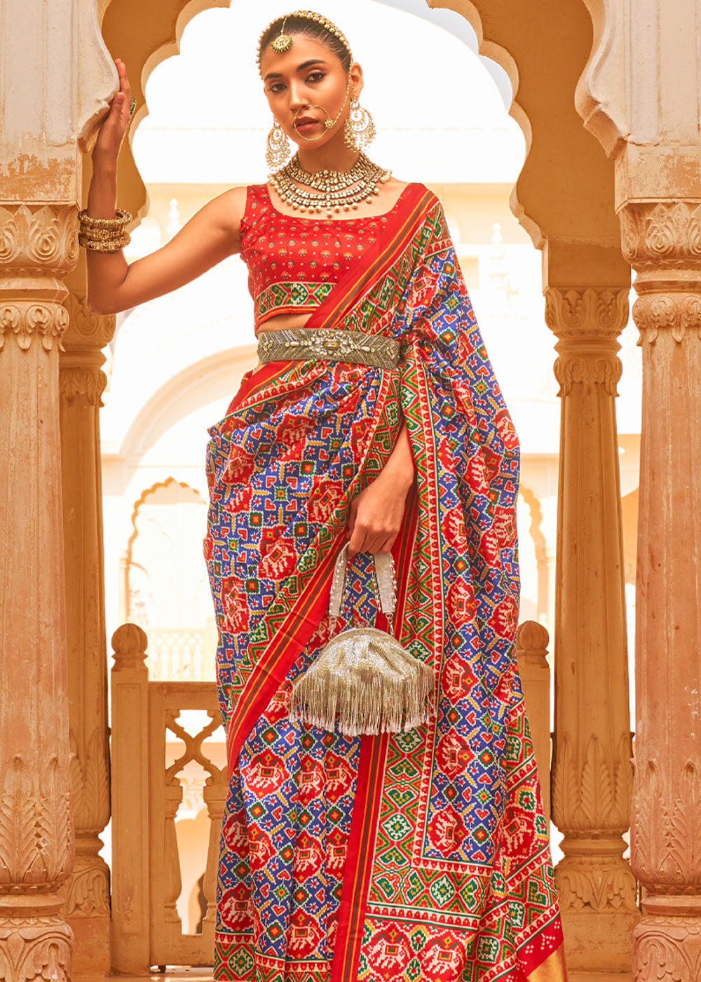 Buy MySilkLove Mountbatten Blue and Red Printed Patola Tussar Saree Online