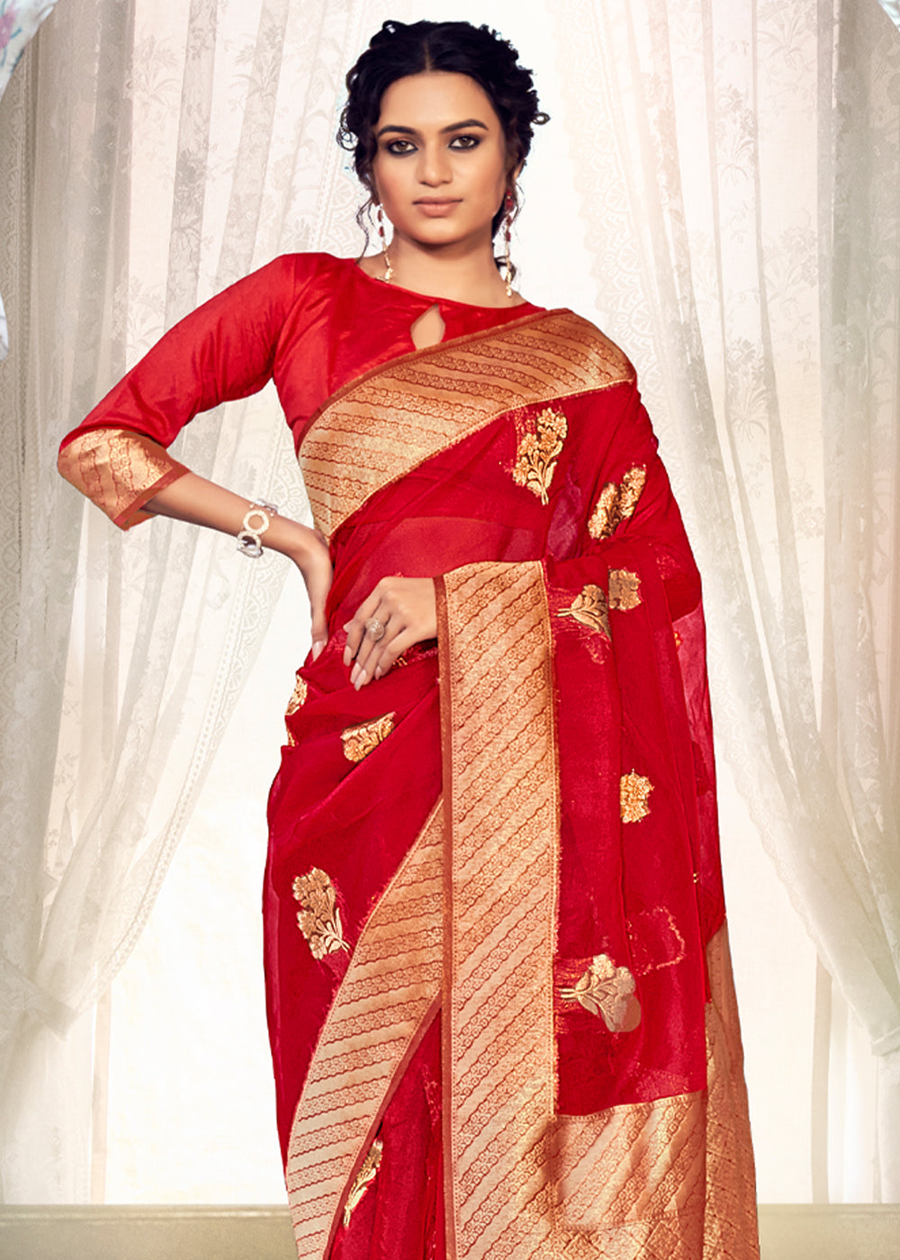 MySilkLove Flame Pea Red Zari Woven Banarasi Organza Saree