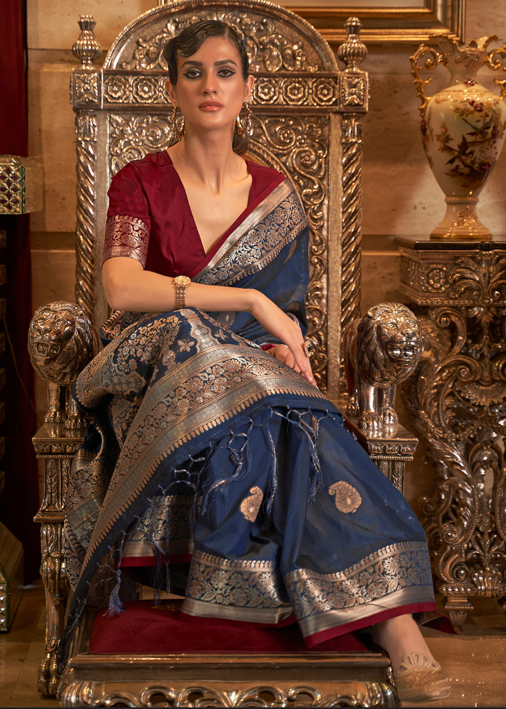 Buy MySilkLove River Bed Blue and Red Zari Woven Tussar Saree Online