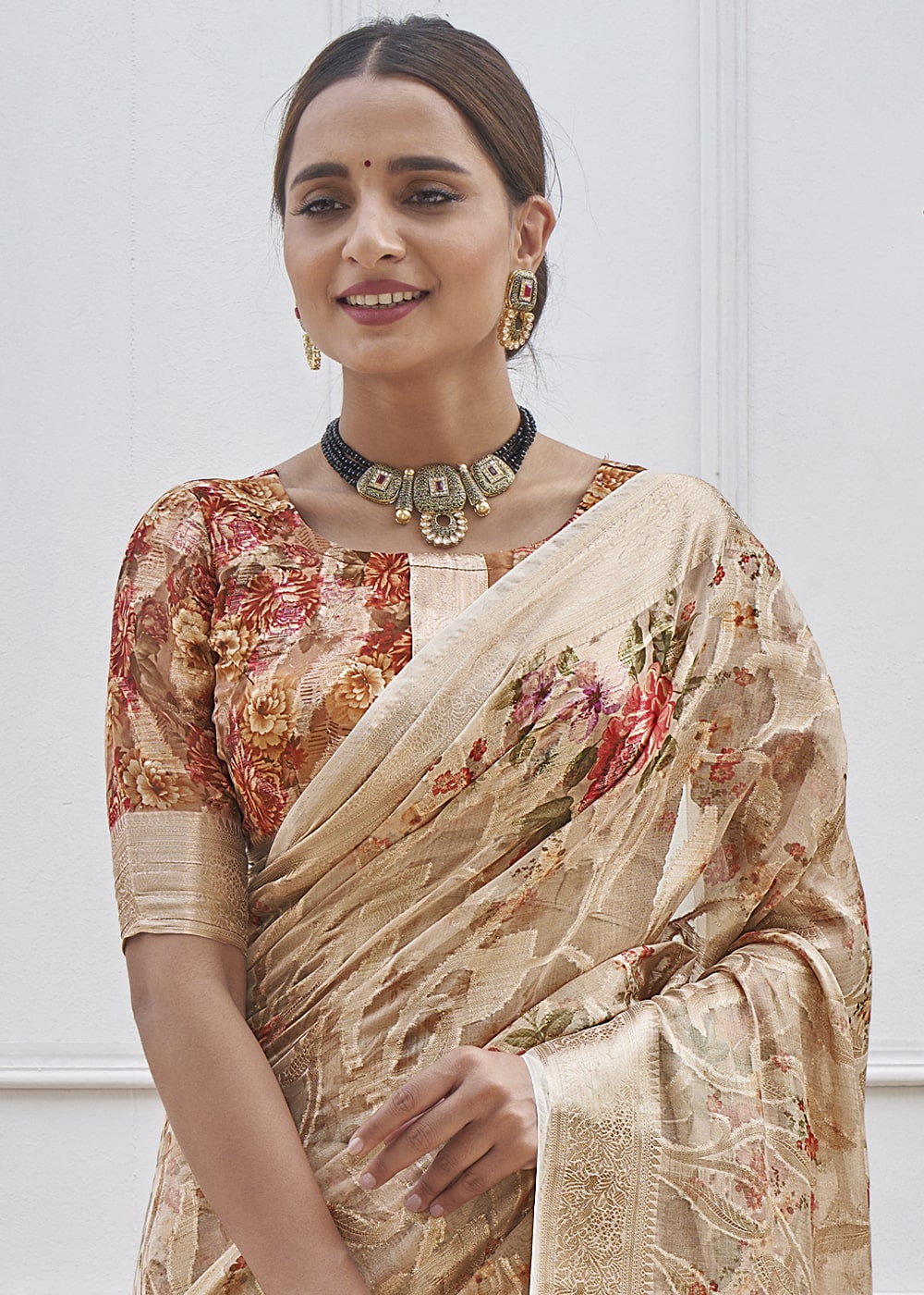 Buy MySilkLove Sandrift Brown Digital Printed Organza Silk Saree Online