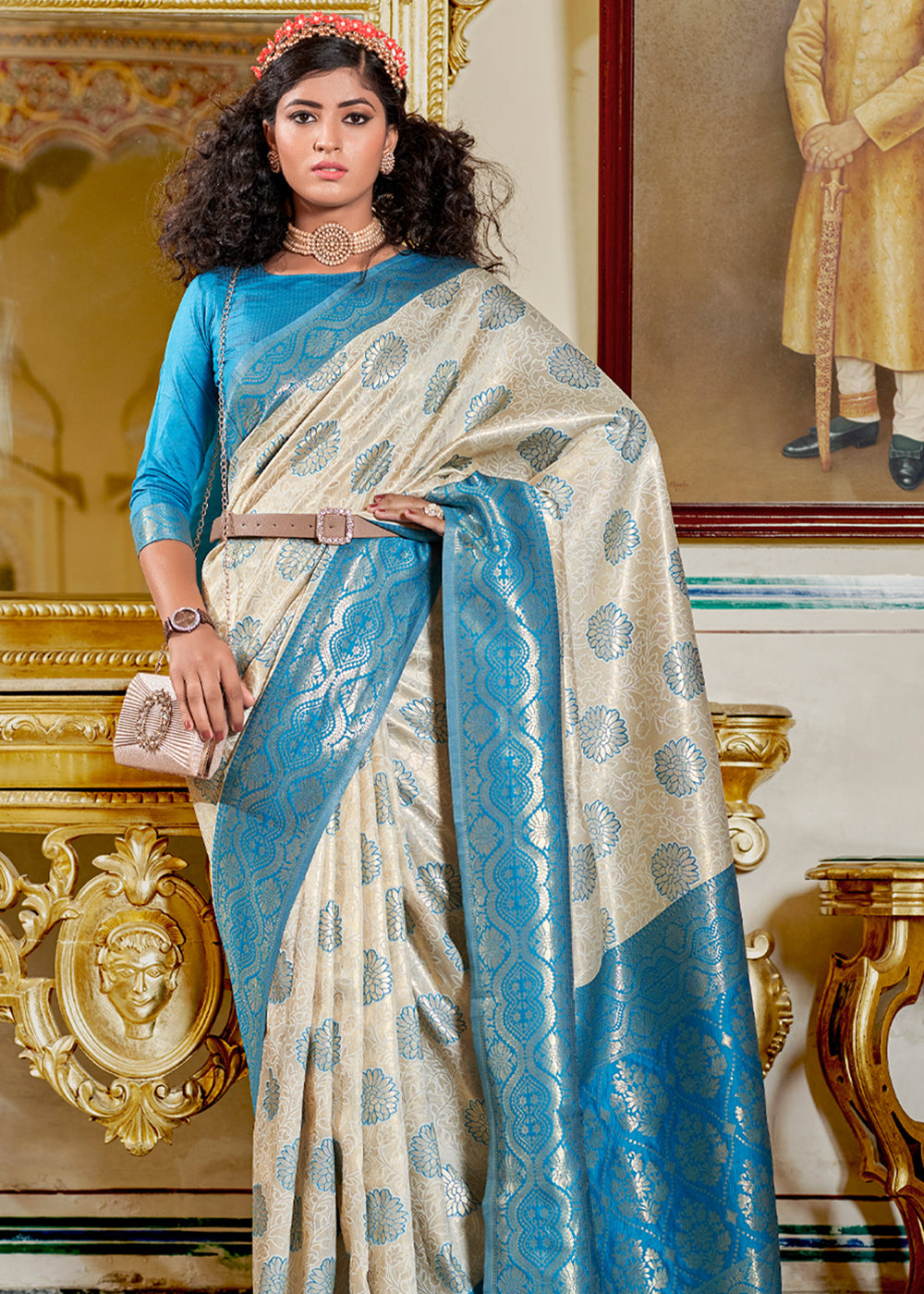 MySilkLove Linen White and Blue Woven Banarasi Silk Saree