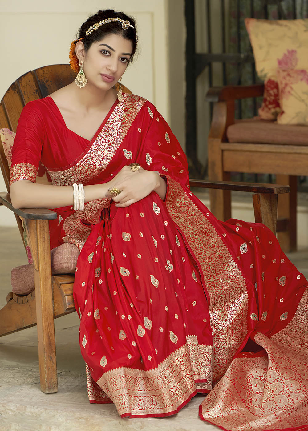 MySilkLove Thunderbird Red Zari Woven Banarasi Silk Saree with Butti Work