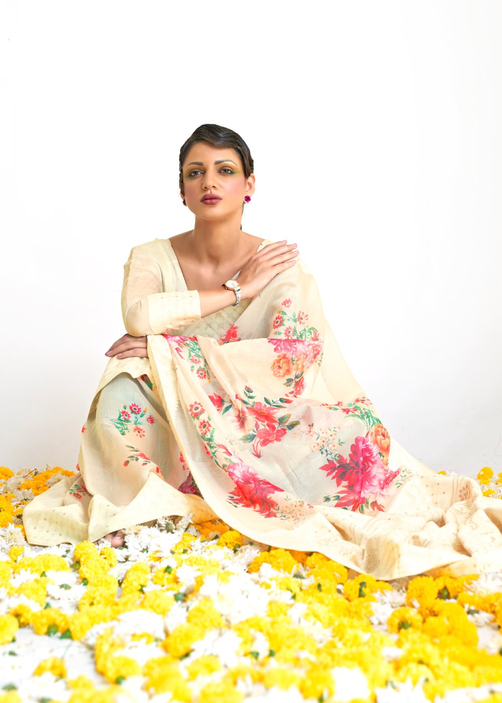 Buy MySilkLove Bone White Zari Woven Digital Printed Linen Saree Online