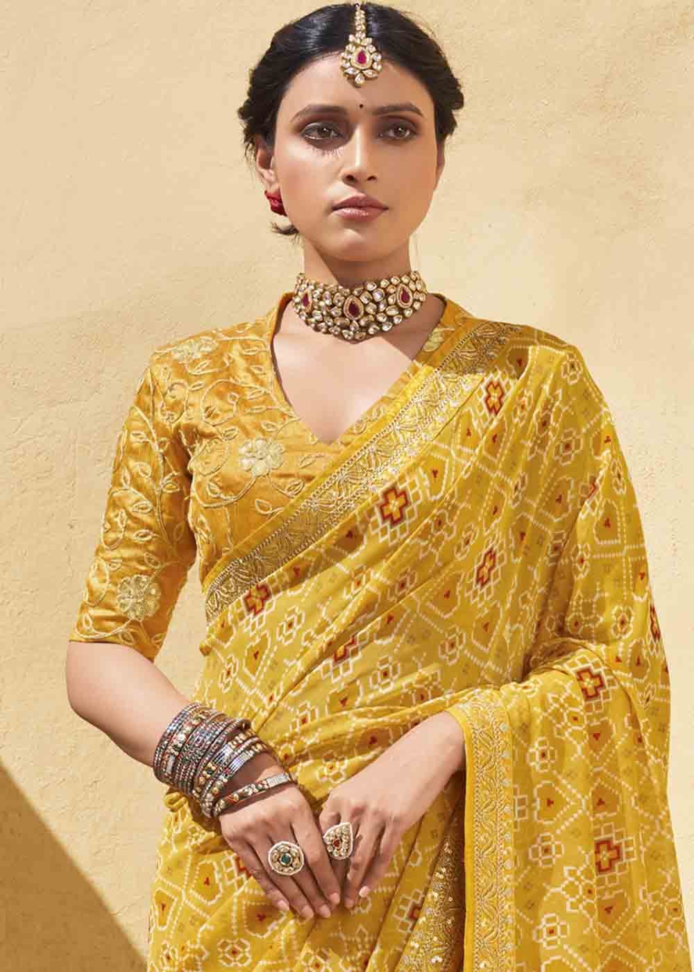 MySilkLove Bourbon Yellow Patola Print Georgette Saree With Embroidered Blouse