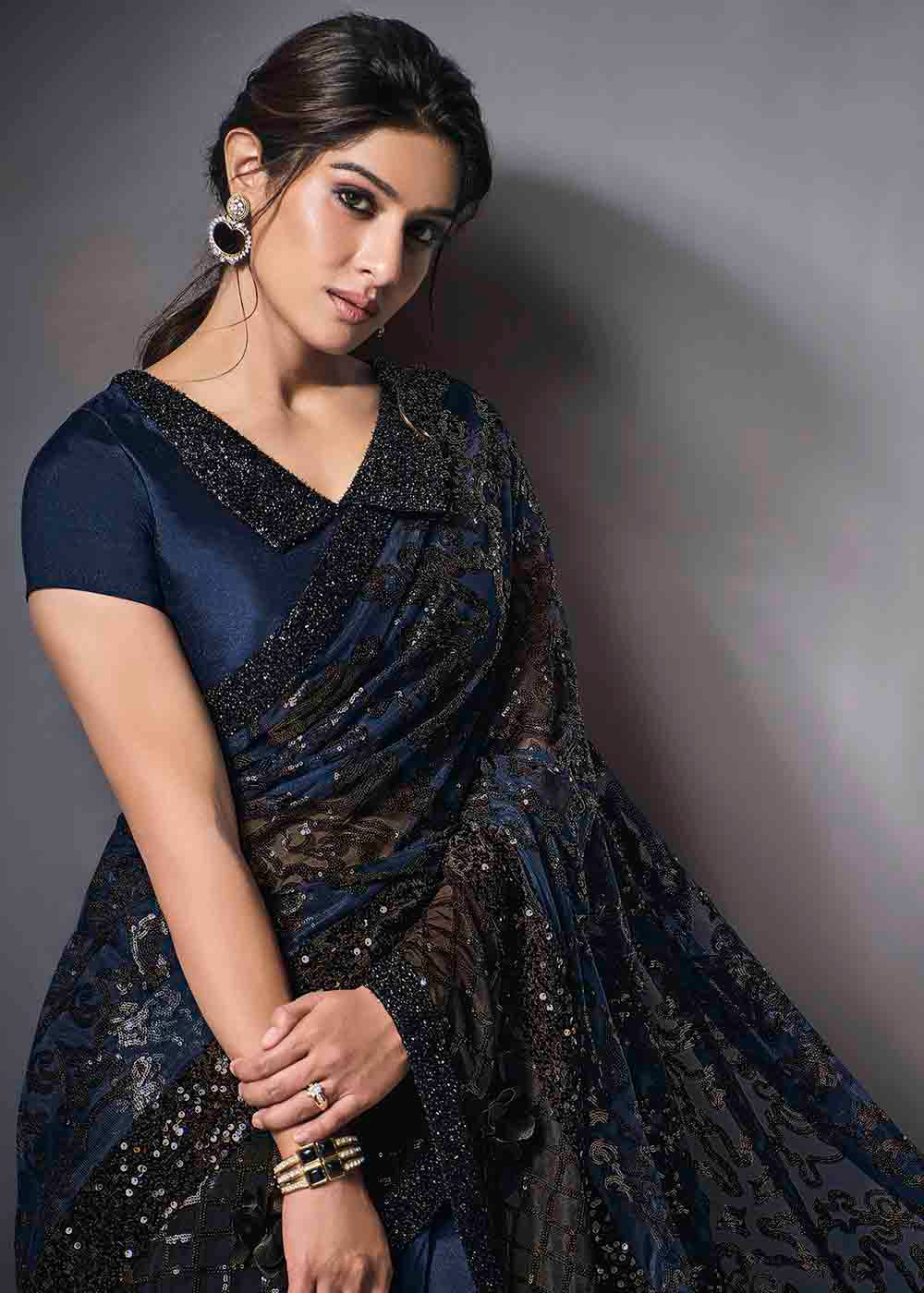 Buy MySilkLove Ebony Blue Designer Lycra Saree with Embroidery Work Online