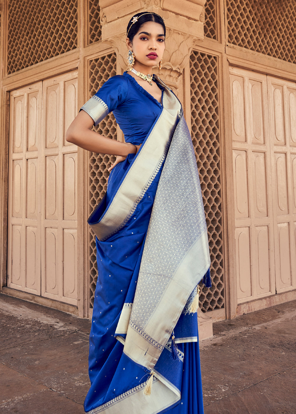 Buy MySilkLove Torea Bay Blue Woven Banarasi Satin Silk Saree Online