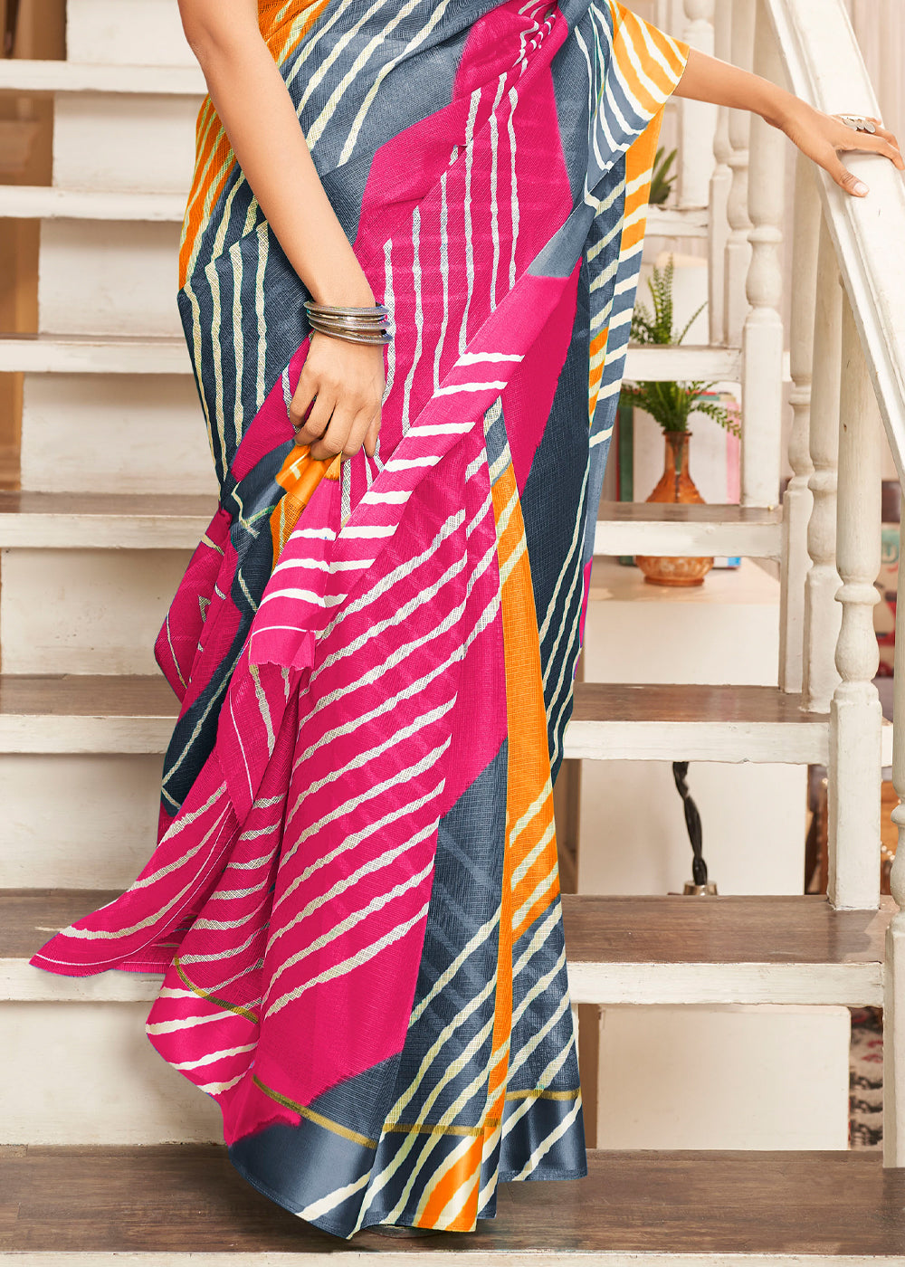 Buy MySilkLove Wild Pink Blue and Orange Cotton Saree with Leheriya Print Online