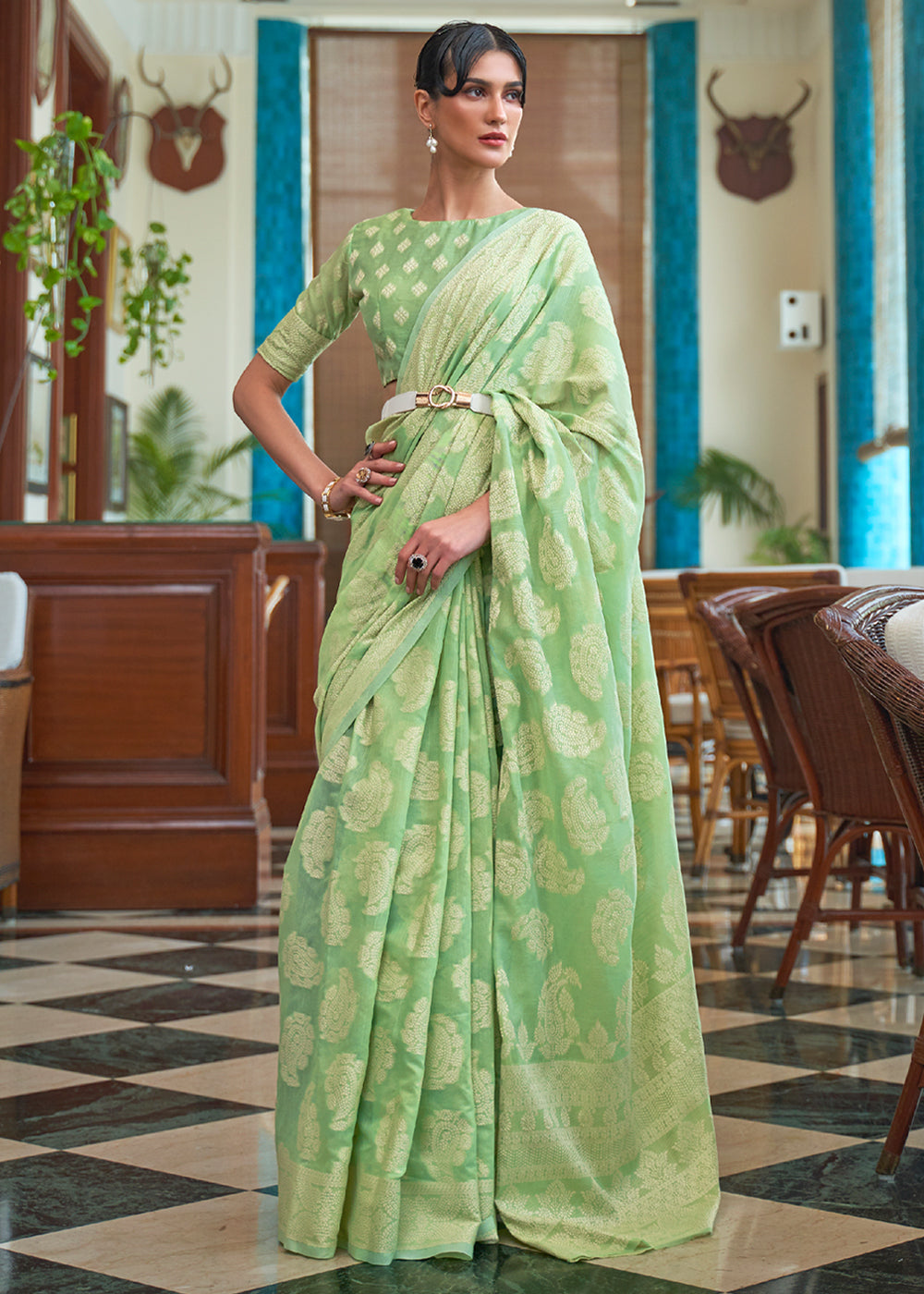 Buy MySilkLove Beryl Green Lucknowi Chikankari Woven Saree Online