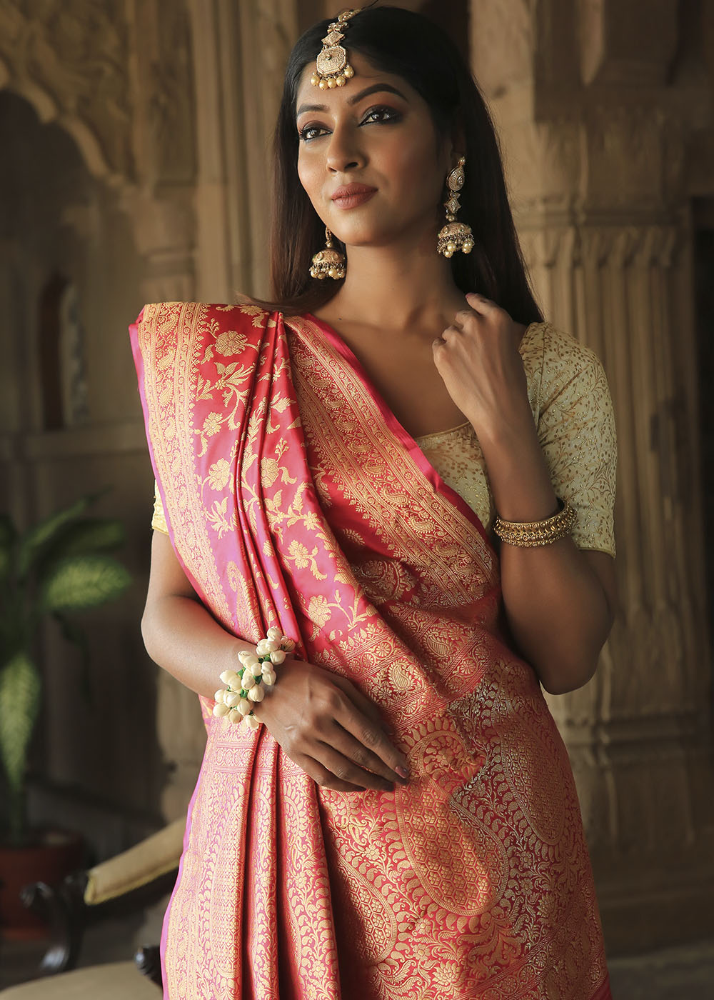 Buy MySilkLove Valencia Pink Katan Pure Silk Handwoven Kadwa Jaal Saree Online