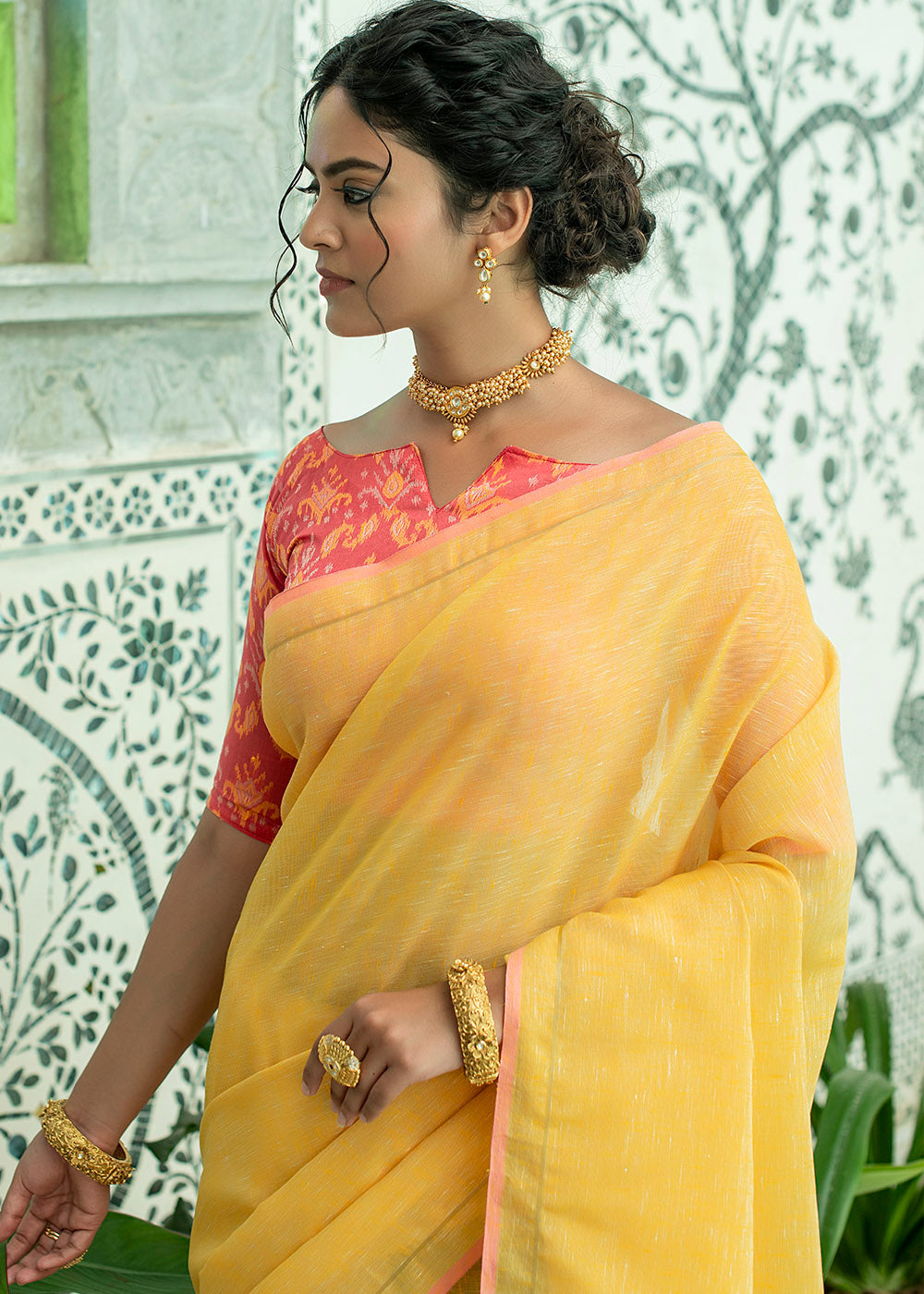 Buy MySilkLove Shalimar Yellow Zari Woven Linen Saree Online