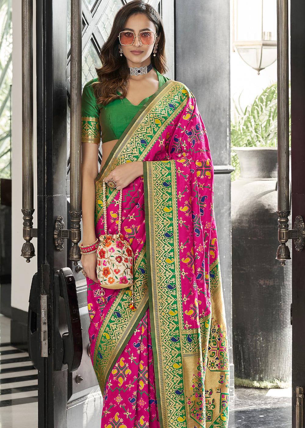 MySilkLove Bittersweet Pink and Green Zari Woven Banarasi Patola Saree