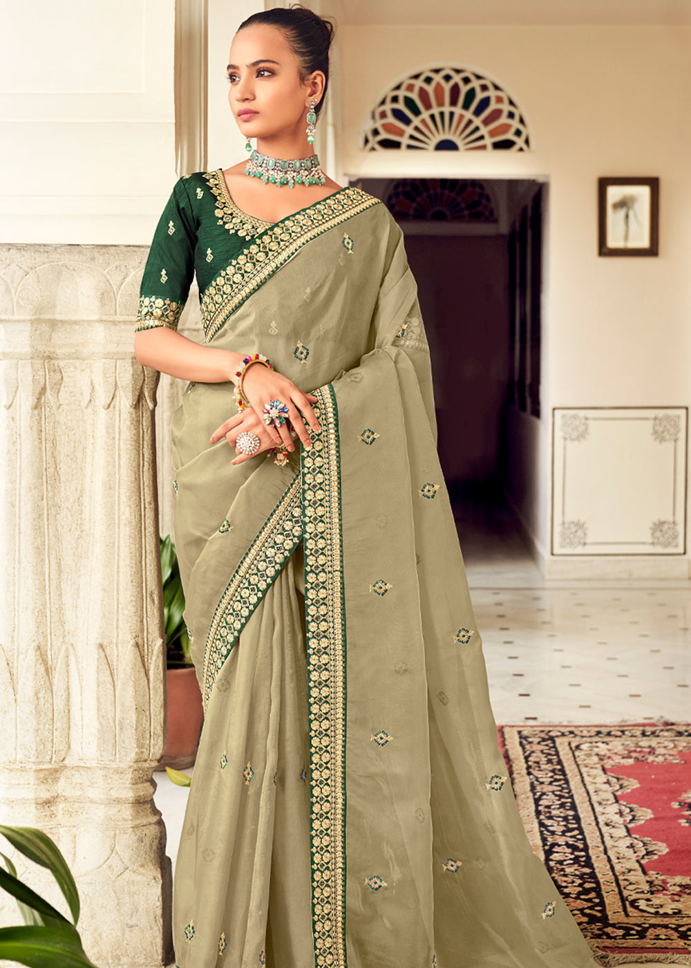 Buy MySilkLove Pine Glade Green Woven Banarasi Georgette Silk Saree Online