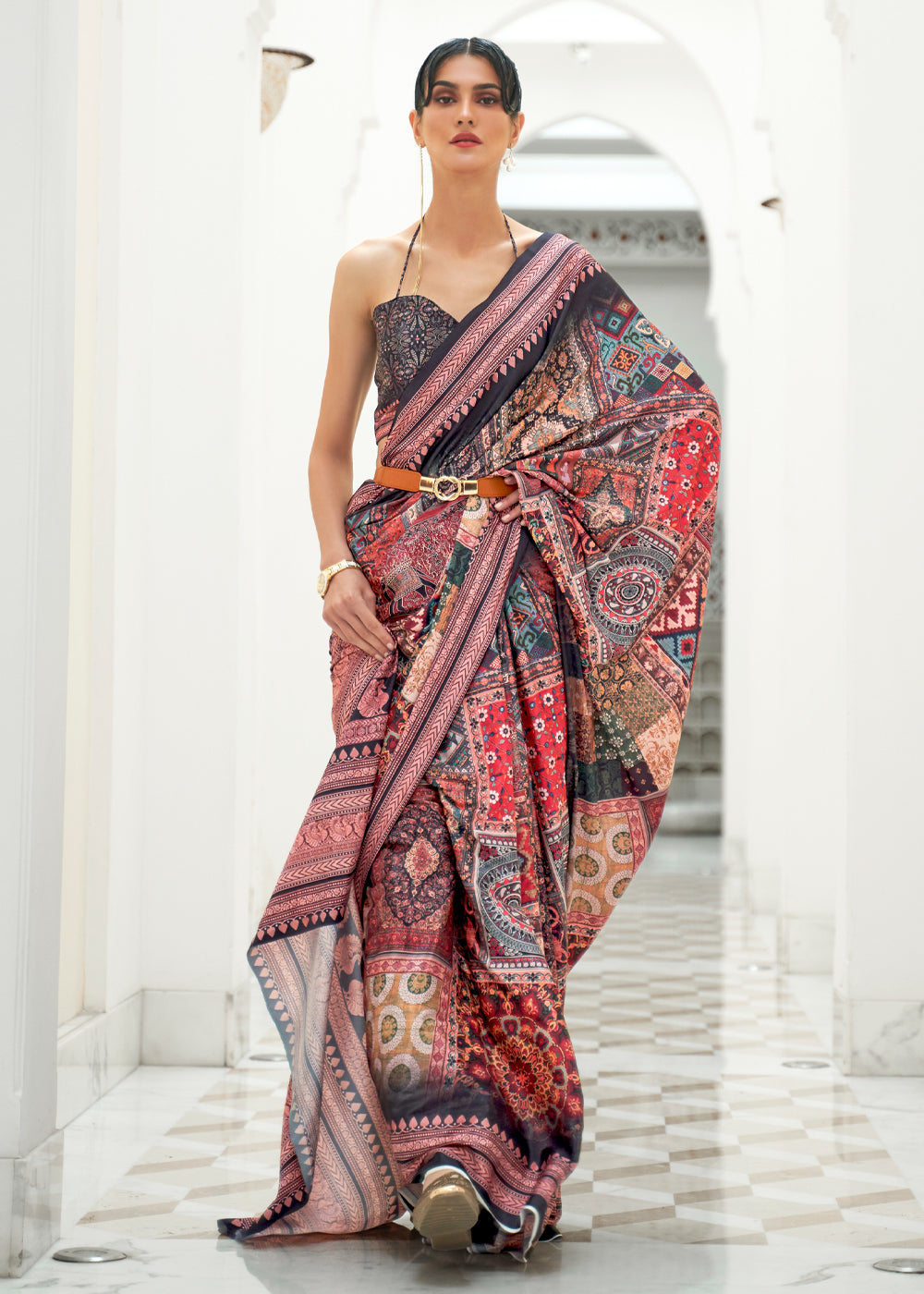 Buy MySilkLove Opium Purple and Dark Grey Kalamkari Printed Crepe Saree Online