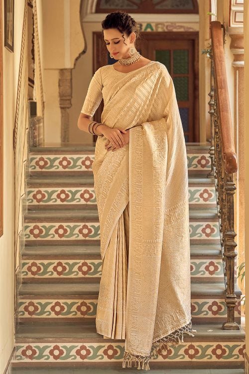 Buy MySilkLove Wheat Cream Zari Woven Tanchui Kanjivaram Fusion Silk Saree Online