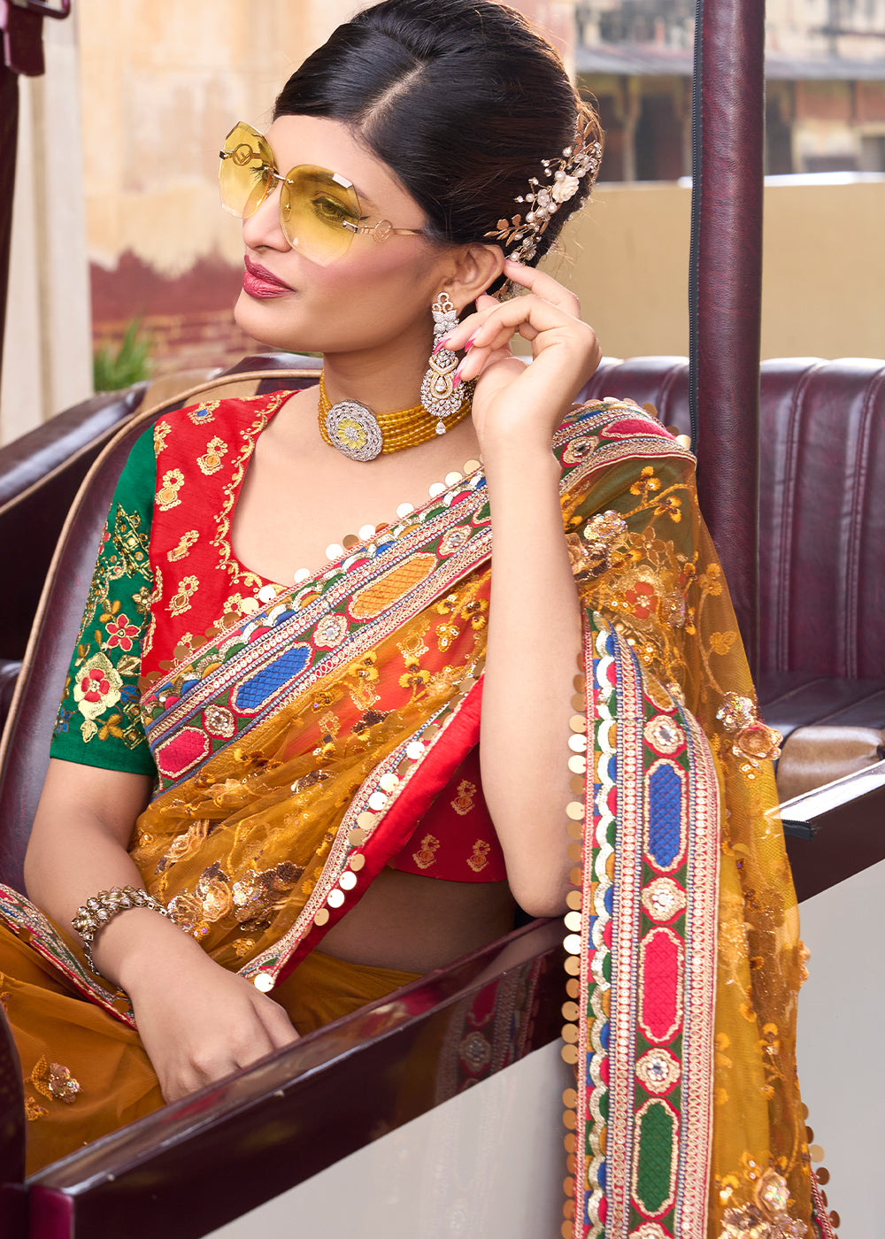 Buy MySilkLove Fire Bush Yellow and Red Designer Silk Saree Online